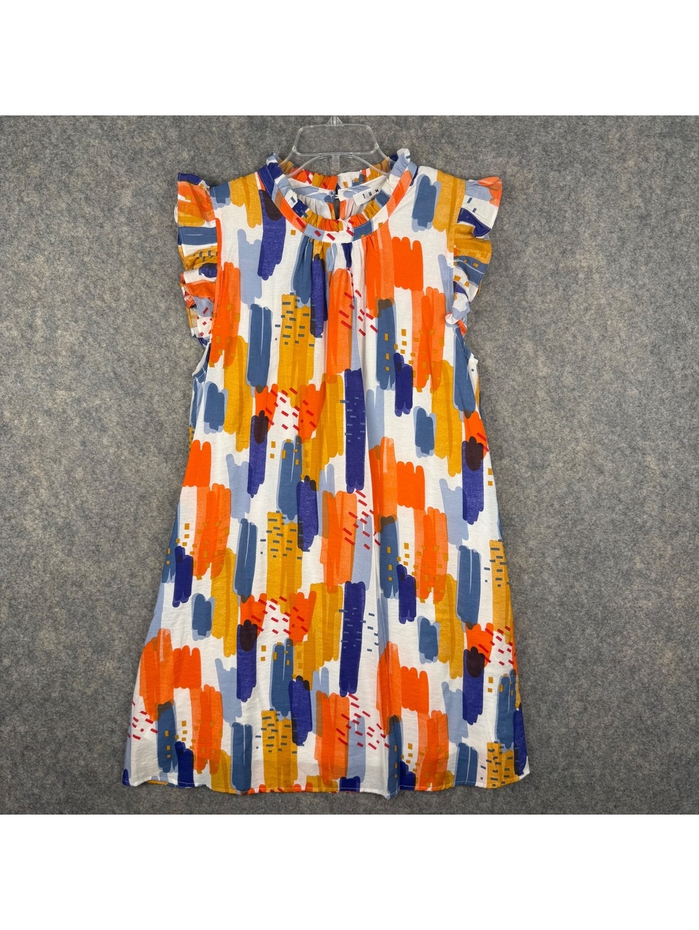 THML Ruffle Neck Flutter Sleeve Shift Dress Orange Blue Gold Geometric Medium